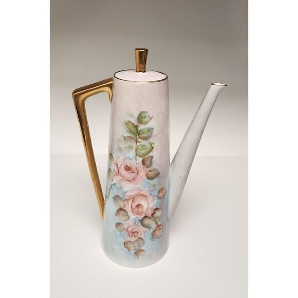 VINTAGE 1970s  HAND PAINTED COFFEE TEA POT, ROSES & GOLD - Picture 2 of 14